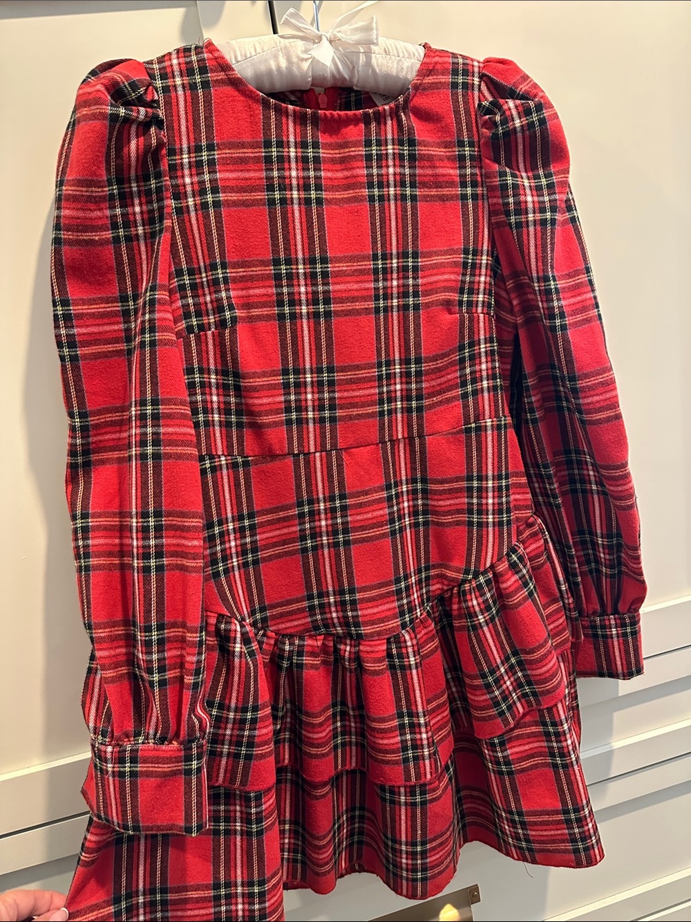 SHEIN Red Plaid Puff-Sleeve Tiered Holiday Dress